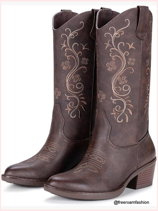 Shoes - Floral Embroidered Cowboy Boots Mid Calf Pointed Toe Chunky Heel